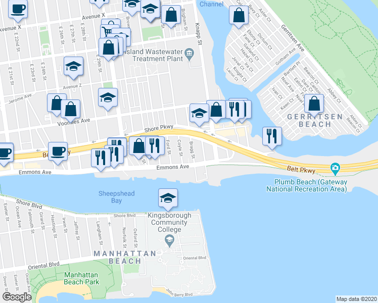 map of restaurants, bars, coffee shops, grocery stores, and more near 2826 Bragg Street in Brooklyn