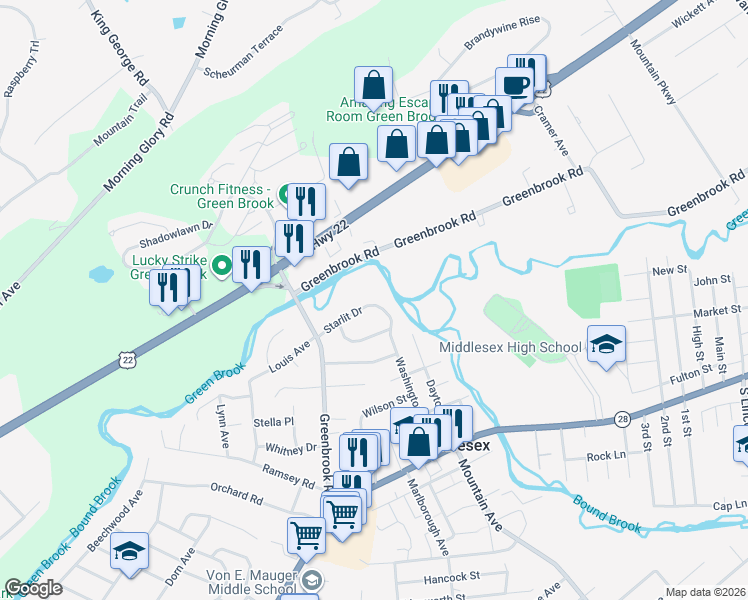 map of restaurants, bars, coffee shops, grocery stores, and more near 21 Starlit Drive in Middlesex