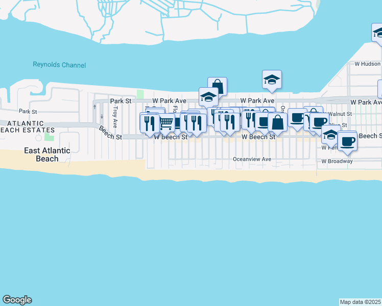 map of restaurants, bars, coffee shops, grocery stores, and more near 44 Georgia Avenue in Long Beach