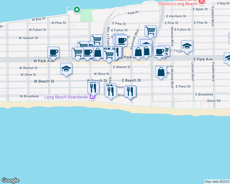 map of restaurants, bars, coffee shops, grocery stores, and more near 1 East Broadway in Long Beach