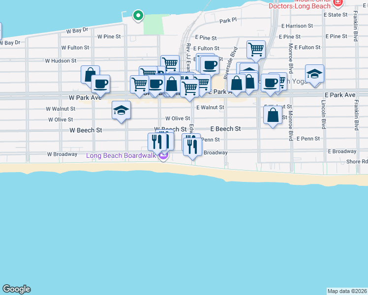 map of restaurants, bars, coffee shops, grocery stores, and more near 27 West Penn Street in Long Beach