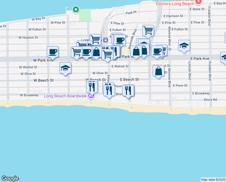 map of restaurants, bars, coffee shops, grocery stores, and more near 1 East Broadway in Long Beach