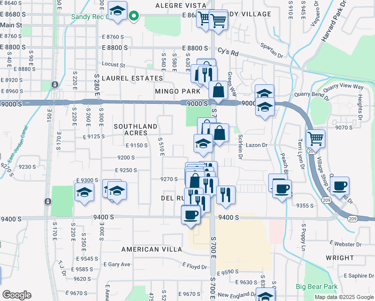 map of restaurants, bars, coffee shops, grocery stores, and more near 593 Wildfire Rose Lane in Sandy