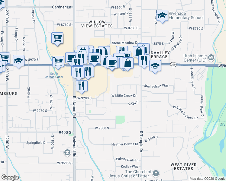 map of restaurants, bars, coffee shops, grocery stores, and more near 9118 River Ridge Drive in West Jordan