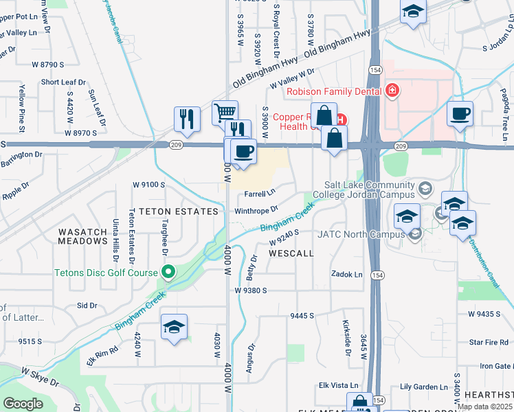 map of restaurants, bars, coffee shops, grocery stores, and more near 3901 Farrell Lane in West Jordan