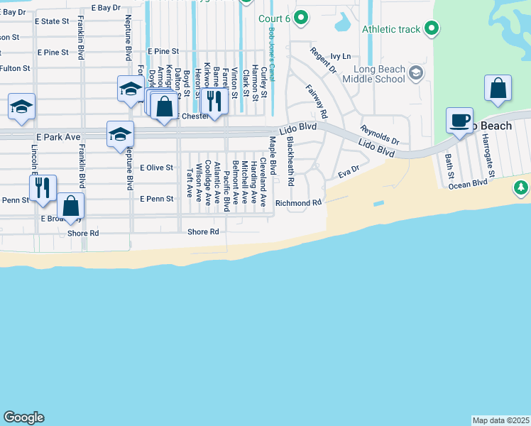 map of restaurants, bars, coffee shops, grocery stores, and more near 1B Richmond Road in Long Beach