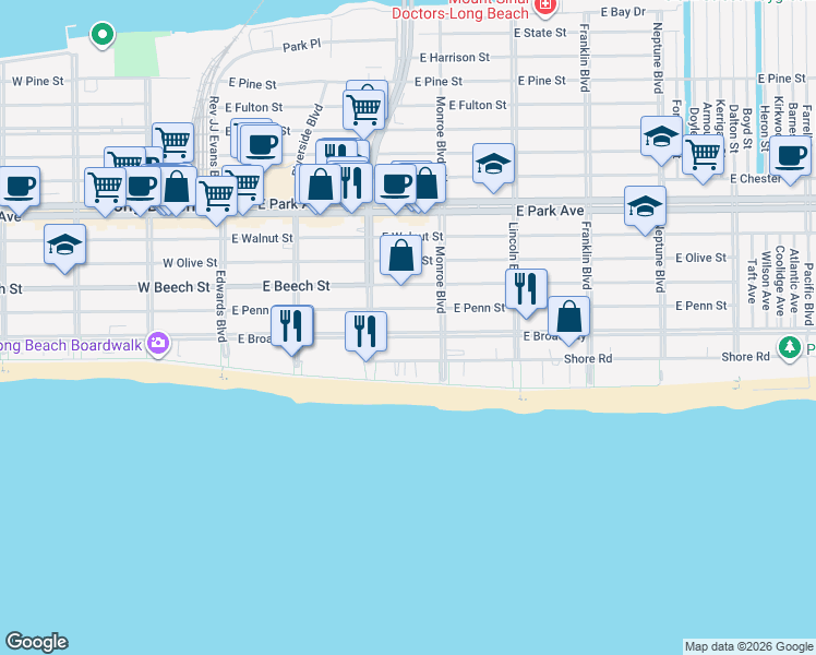 map of restaurants, bars, coffee shops, grocery stores, and more near 270 East Penn Street in Long Beach