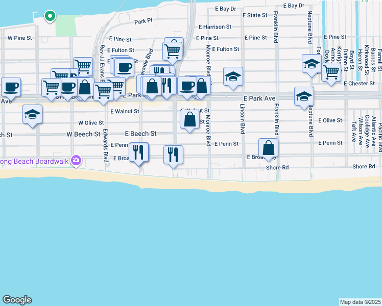 map of restaurants, bars, coffee shops, grocery stores, and more near 214 East Penn Street in Long Beach