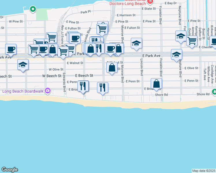 map of restaurants, bars, coffee shops, grocery stores, and more near 214 East Penn Street in Long Beach