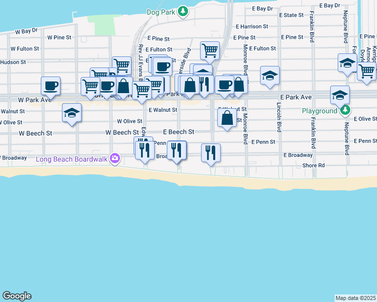 map of restaurants, bars, coffee shops, grocery stores, and more near 118 East Penn Street in Long Beach