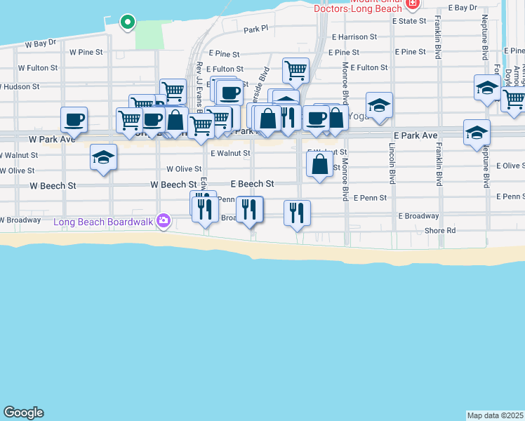 map of restaurants, bars, coffee shops, grocery stores, and more near 118 East Penn Street in Long Beach