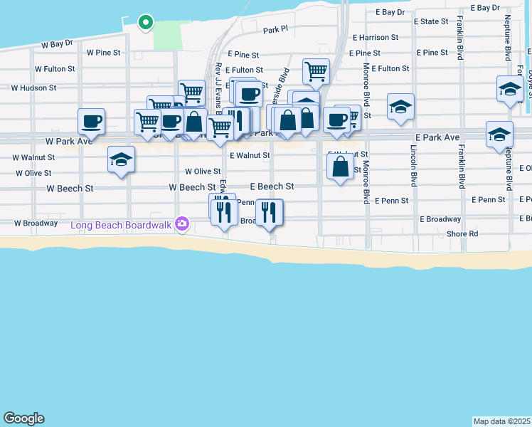 map of restaurants, bars, coffee shops, grocery stores, and more near 53 East Penn Street in Long Beach