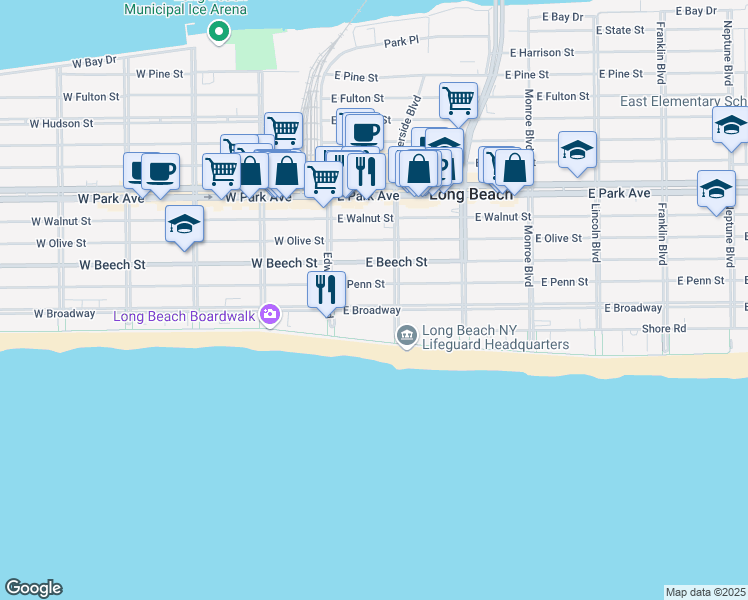 map of restaurants, bars, coffee shops, grocery stores, and more near 53 East Penn Street in Long Beach