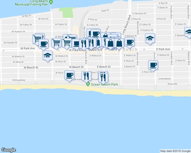 map of restaurants, bars, coffee shops, grocery stores, and more near 53 East Penn Street in Long Beach