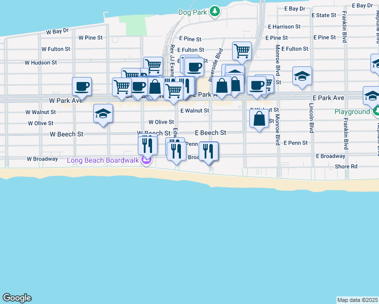 map of restaurants, bars, coffee shops, grocery stores, and more near 18 East Penn Street in Long Beach