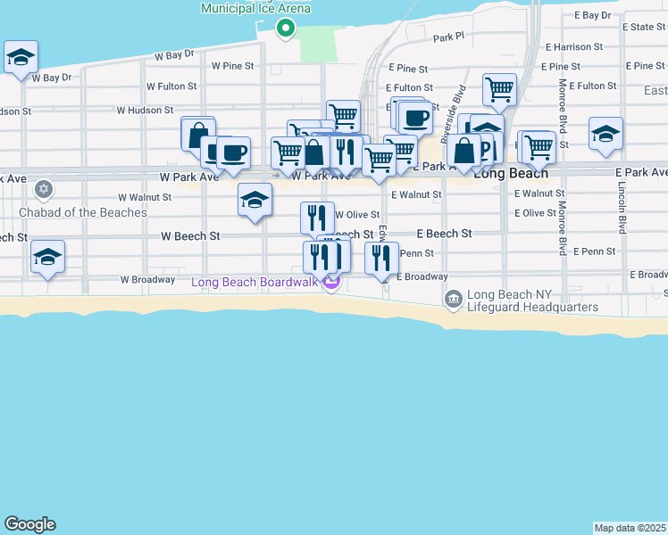 map of restaurants, bars, coffee shops, grocery stores, and more near 73 West Penn Street in Long Beach