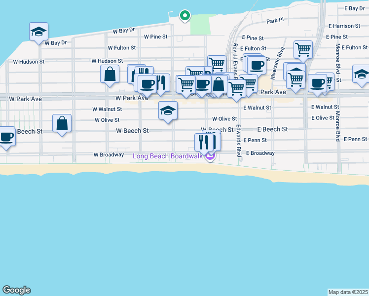 map of restaurants, bars, coffee shops, grocery stores, and more near 173 West Penn Street in Long Beach