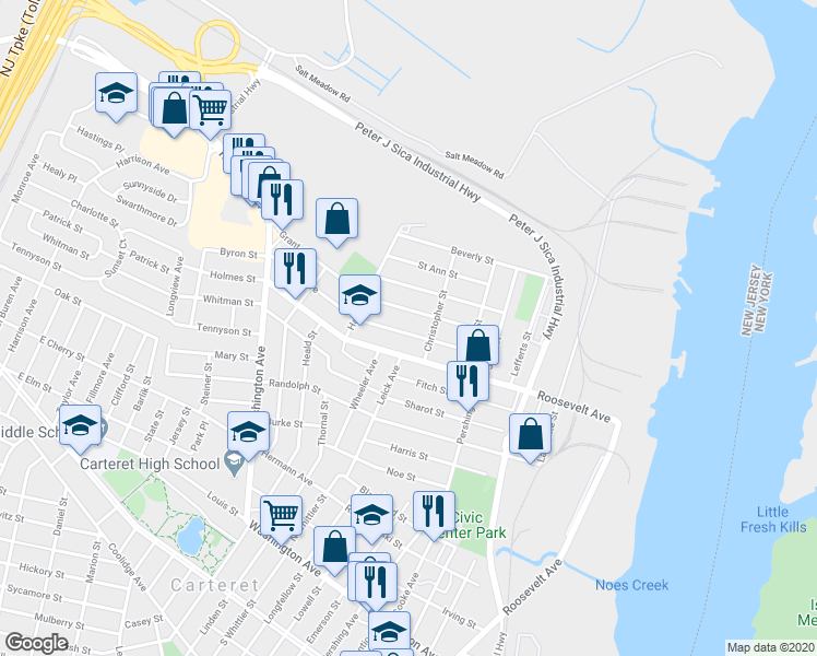 map of restaurants, bars, coffee shops, grocery stores, and more near 22 Grant Avenue in Carteret