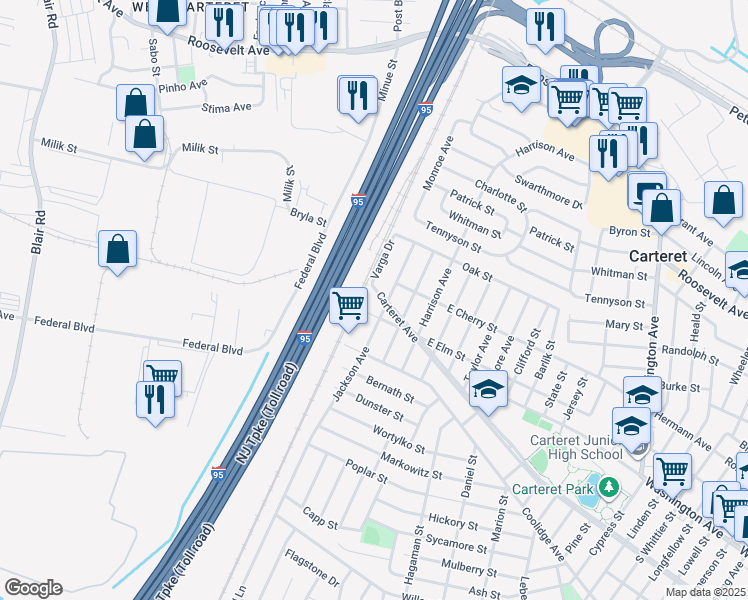 map of restaurants, bars, coffee shops, grocery stores, and more near 17 Jackson Avenue in Carteret