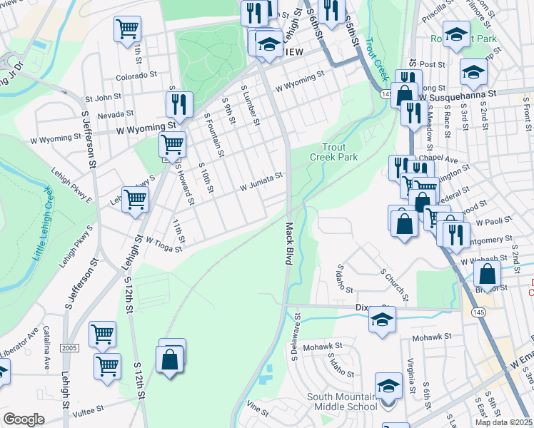 map of restaurants, bars, coffee shops, grocery stores, and more near 832 West Tioga Street in Allentown