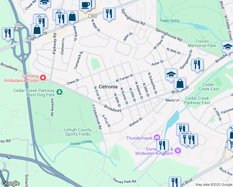 map of restaurants, bars, coffee shops, grocery stores, and more near 125 North 40th Street in Allentown