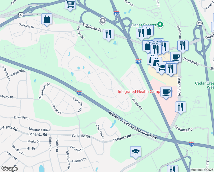 map of restaurants, bars, coffee shops, grocery stores, and more near 332 Pennycress Road in Allentown