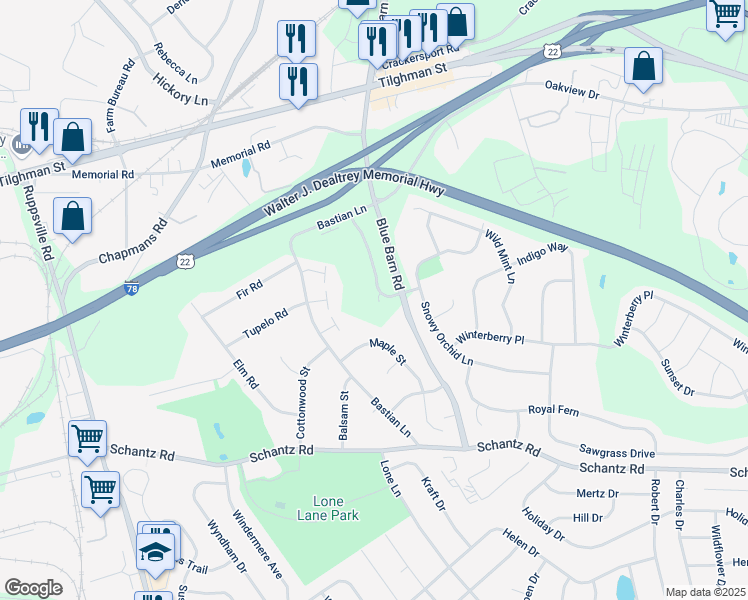 map of restaurants, bars, coffee shops, grocery stores, and more near 344 Barn Swallow Lane in Allentown