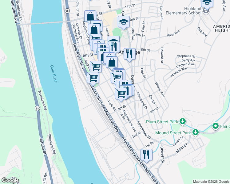 map of restaurants, bars, coffee shops, grocery stores, and more near 532 Maplewood Avenue in Ambridge