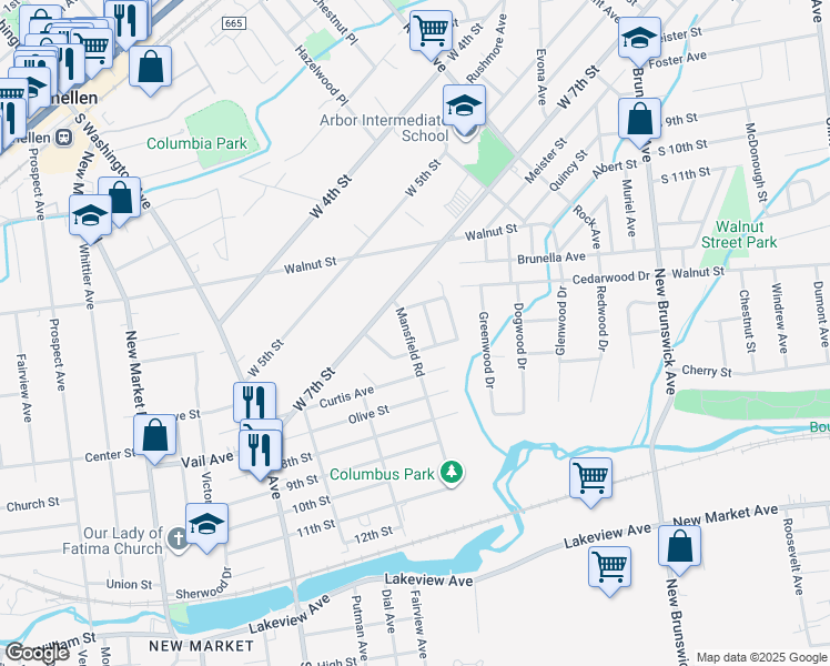 map of restaurants, bars, coffee shops, grocery stores, and more near 18 Mansfield Road in Piscataway Township