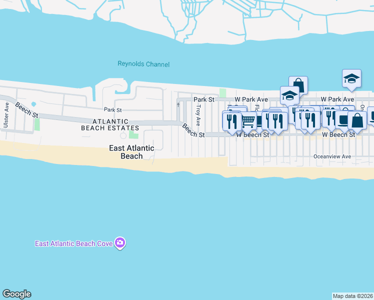 map of restaurants, bars, coffee shops, grocery stores, and more near 24 Oswego Avenue in East Atlantic Beach
