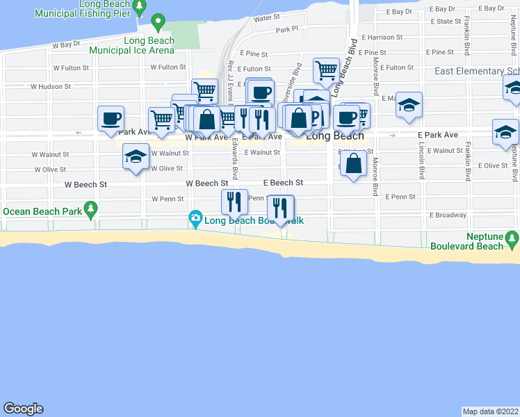 map of restaurants, bars, coffee shops, grocery stores, and more near 53 East Penn Street in Long Beach