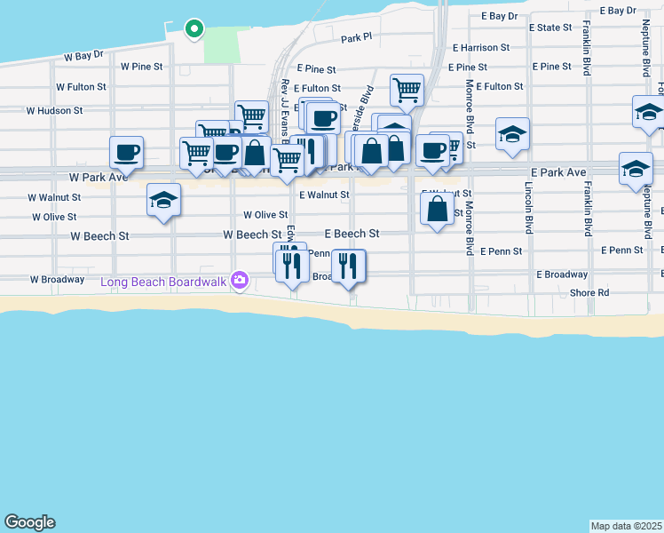 map of restaurants, bars, coffee shops, grocery stores, and more near 53 East Penn Street in Long Beach