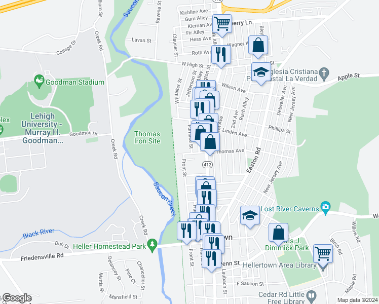 map of restaurants, bars, coffee shops, grocery stores, and more near 49 West Thomas Avenue in Hellertown