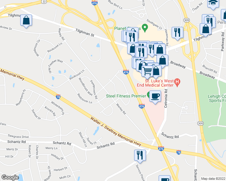 map of restaurants, bars, coffee shops, grocery stores, and more near 303 Blue Sage Drive in Allentown