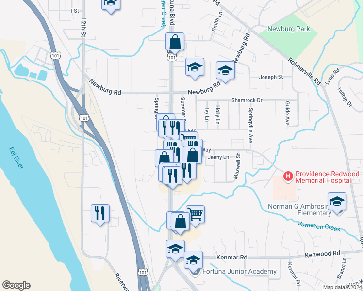 map of restaurants, bars, coffee shops, grocery stores, and more near 626 Summer Street in Fortuna