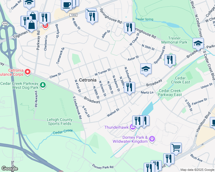 map of restaurants, bars, coffee shops, grocery stores, and more near 40 North 39th Street in Allentown