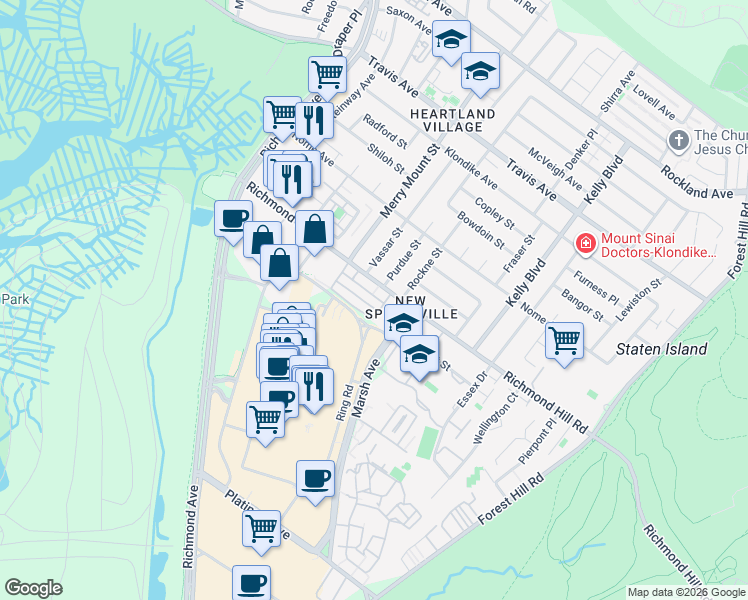 map of restaurants, bars, coffee shops, grocery stores, and more near 200 Richmond Hill Road in Staten Island