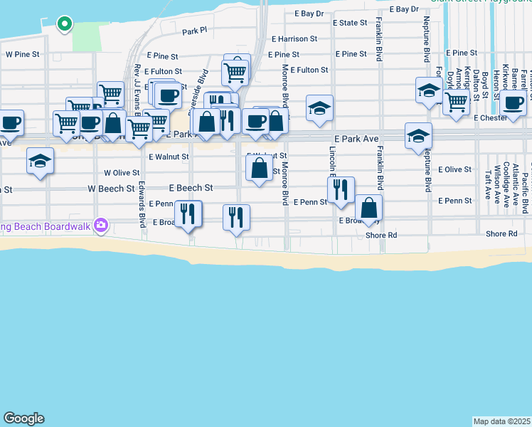 map of restaurants, bars, coffee shops, grocery stores, and more near 245 East Broadway in Long Beach