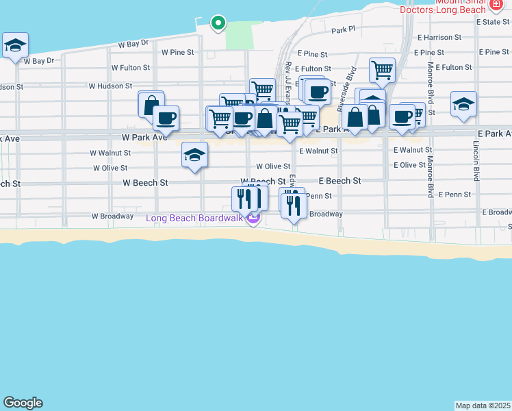 map of restaurants, bars, coffee shops, grocery stores, and more near 73 West Penn Street in Long Beach