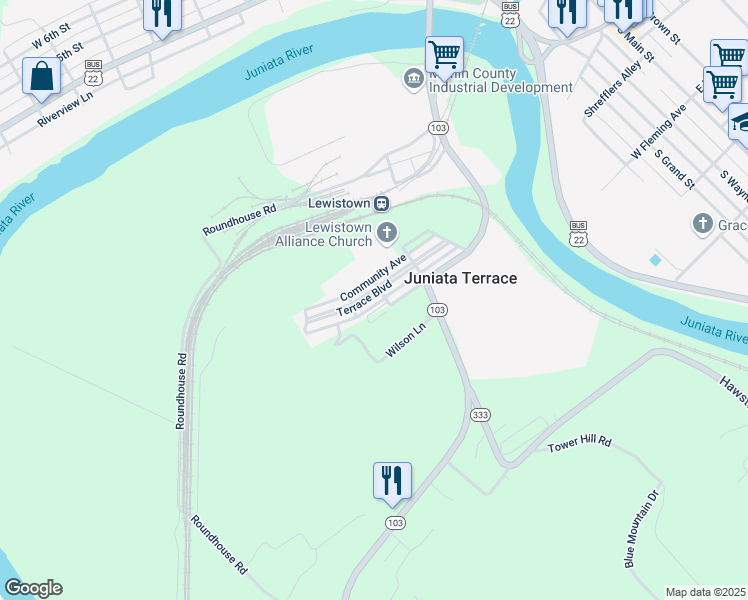map of restaurants, bars, coffee shops, grocery stores, and more near 211 Terrace Boulevard in Lewistown