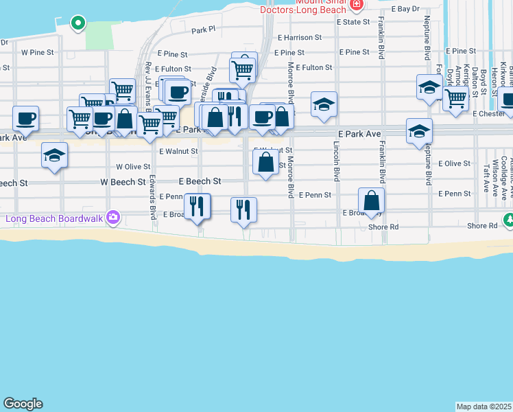 map of restaurants, bars, coffee shops, grocery stores, and more near 214 East Penn Street in Long Beach
