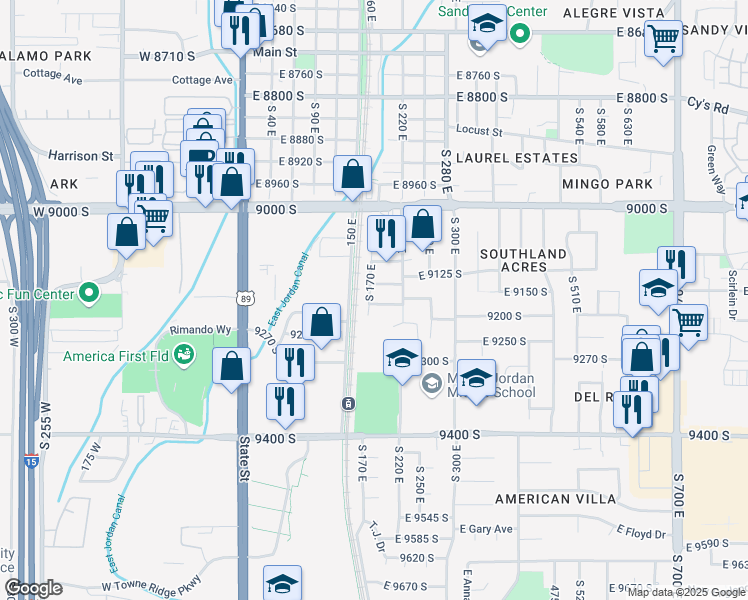 map of restaurants, bars, coffee shops, grocery stores, and more near 181 East 9180 South in Sandy