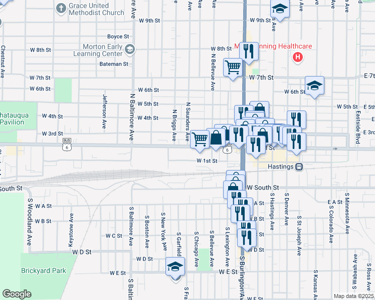 map of restaurants, bars, coffee shops, grocery stores, and more near 200-298 North Saunders Avenue in Hastings