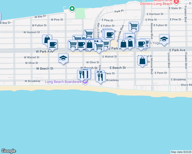 map of restaurants, bars, coffee shops, grocery stores, and more near 27 West Penn Street in Long Beach
