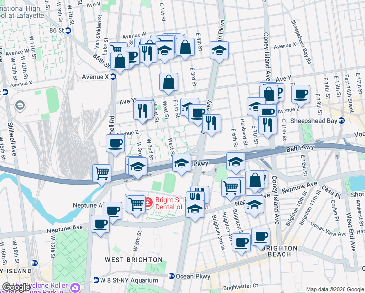map of restaurants, bars, coffee shops, grocery stores, and more near 49 Nixon Court in Brooklyn
