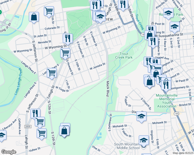 map of restaurants, bars, coffee shops, grocery stores, and more near 1322 South 9th Street in Allentown