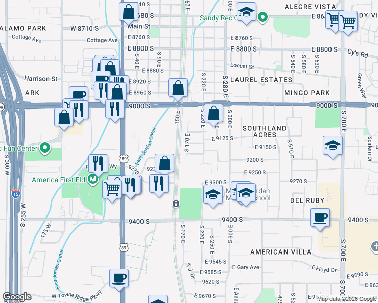 map of restaurants, bars, coffee shops, grocery stores, and more near 181 East 9180 South in Sandy