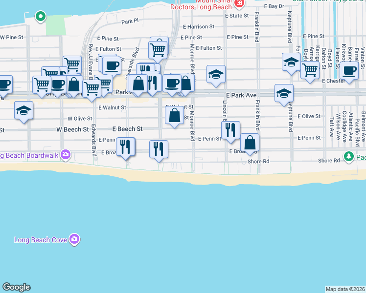 map of restaurants, bars, coffee shops, grocery stores, and more near 270 East Penn Street in Long Beach