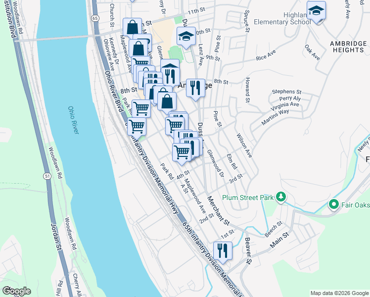 map of restaurants, bars, coffee shops, grocery stores, and more near 498 Merchant Street in Ambridge