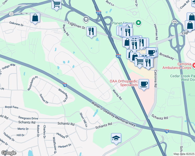 map of restaurants, bars, coffee shops, grocery stores, and more near 395 Pennycress Road in Allentown